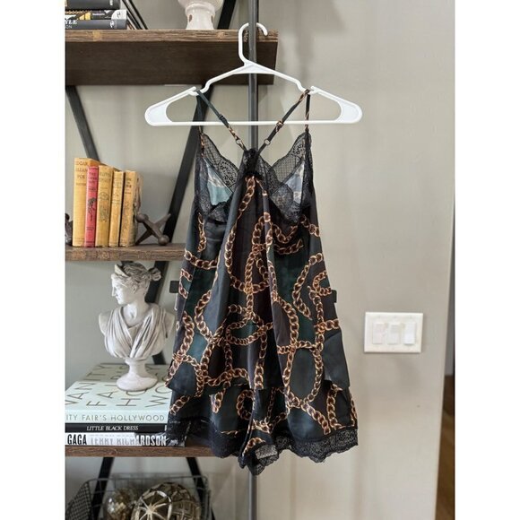 Plush Chain Link Cami Lace Trim Pajama Set Black & Green Womens Size XS - Picture 6 of 7